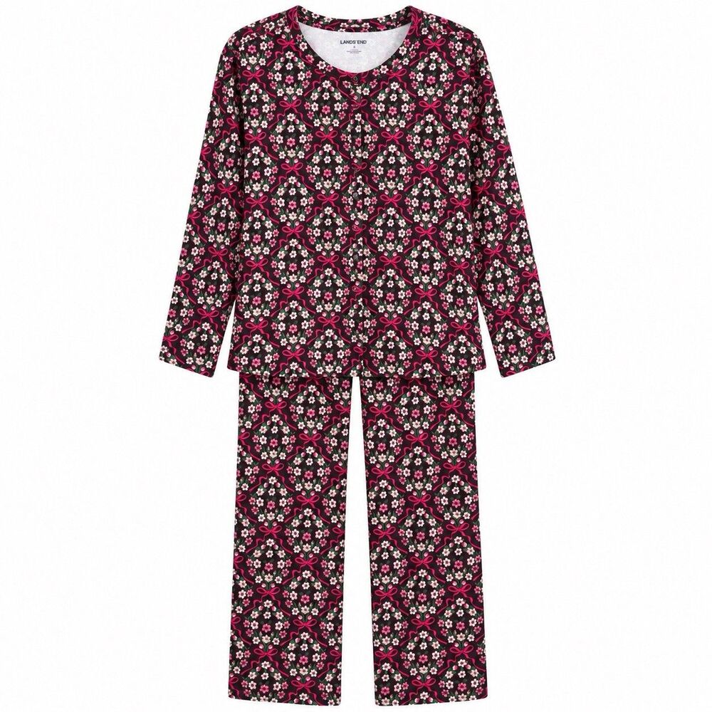 Lands End PJs Women Large 14-16 Pajama Set Floral Bow Cotton Stretch Long Sleeve